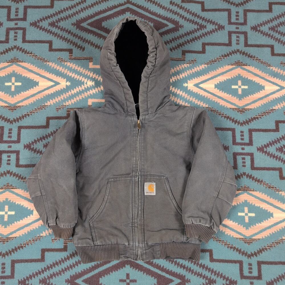 Kids Carhartt Hooded Jacket Gray Size 6 Extra Small Quilted Workwear Heavy Faded